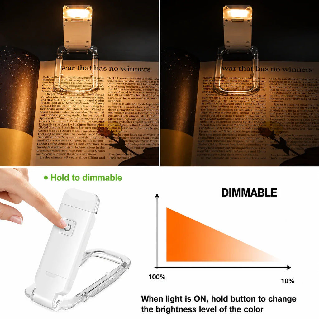 White dimmable LED book light with clip, illuminates pages for reading, adjustable brightness control