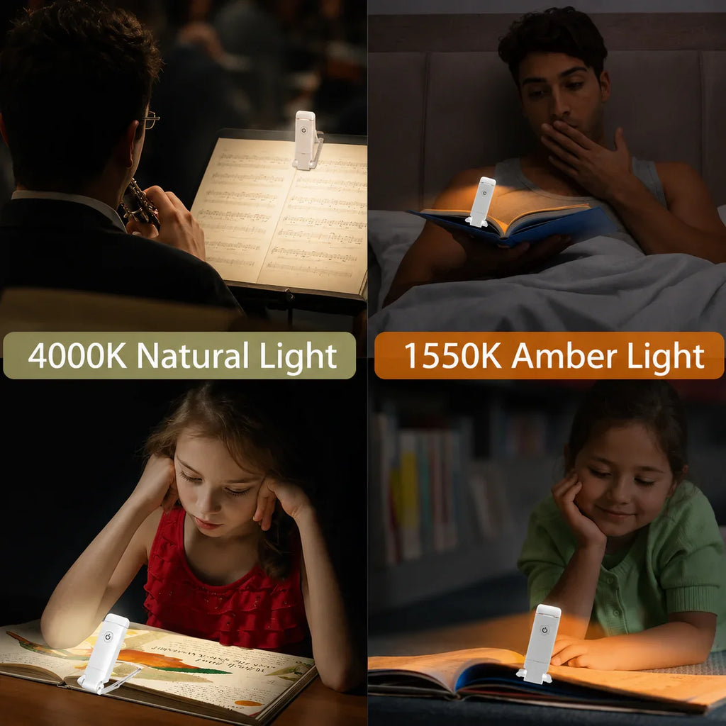 White clip-on book light with 4000K natural and 1550K amber modes for reading in bed or music practice