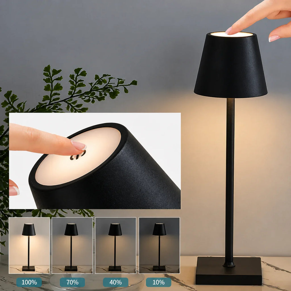 Black matte touch-sensitive table lamp with dimmable LED light for bedroom or living room ambient lighting