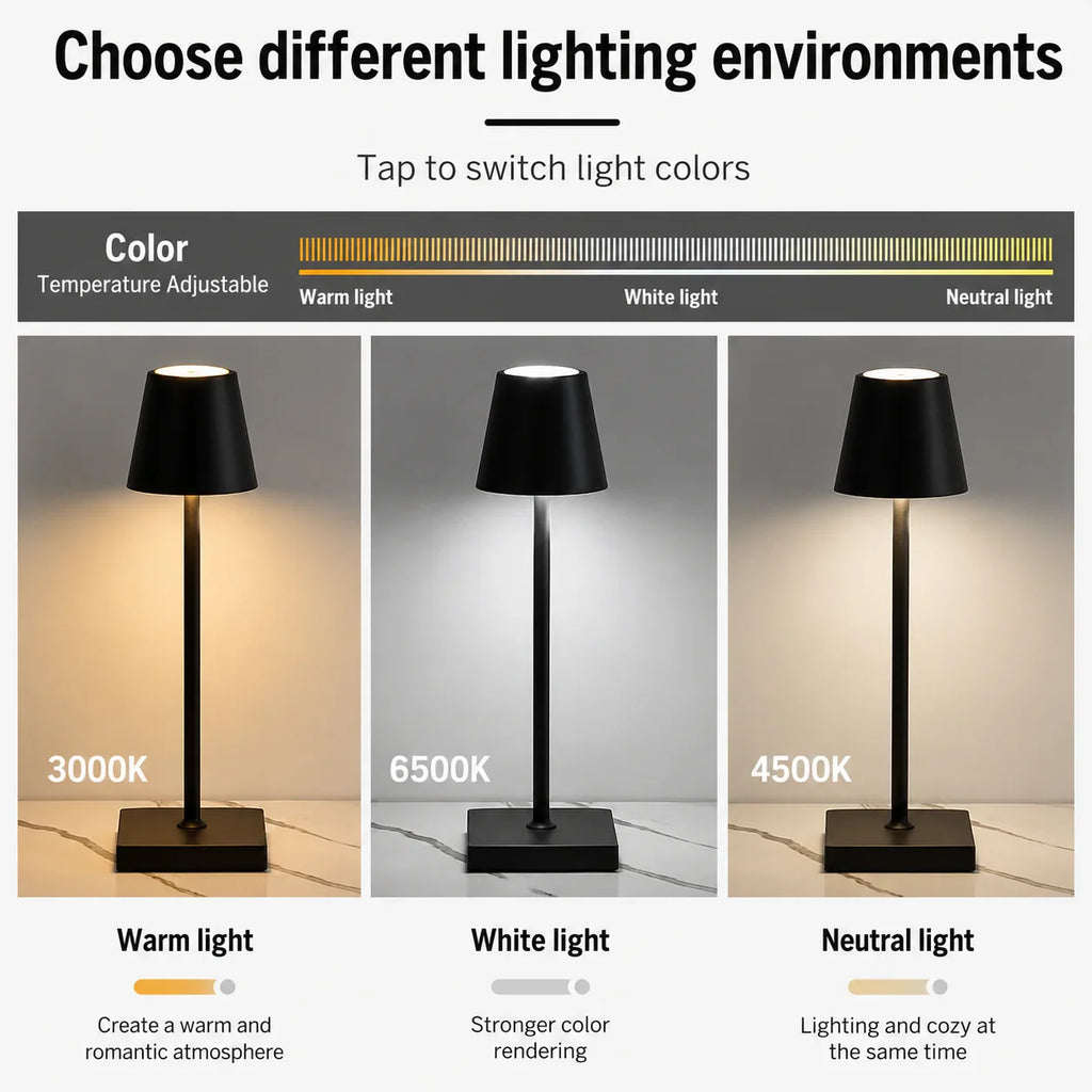 Black modern table lamp with adjustable color temperature: warm, white, and neutral light options for home ambiance.