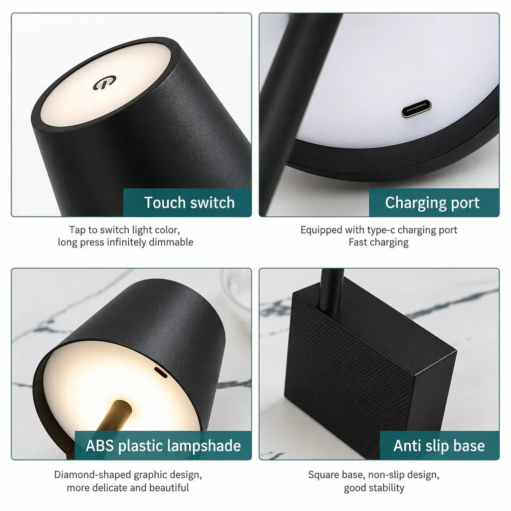 Black ABS plastic table lamp with touch switch, Type-C charging port, and anti-slip square base