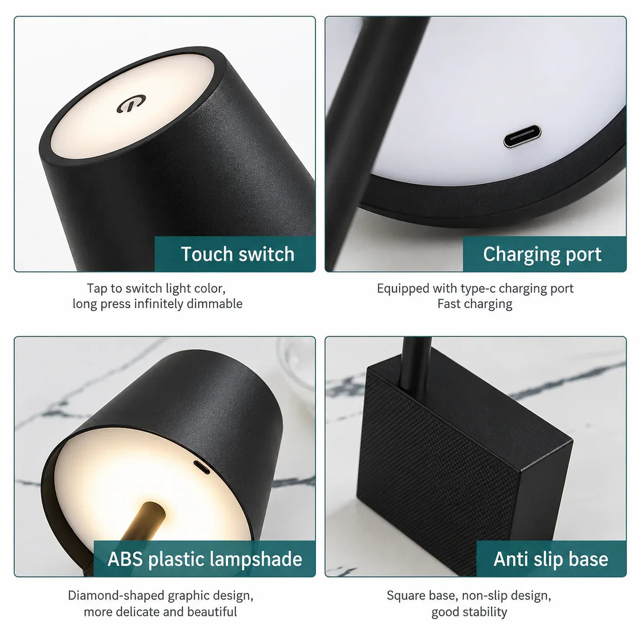 Black ABS plastic table lamp with touch switch, Type-C charging port, and anti-slip square base
