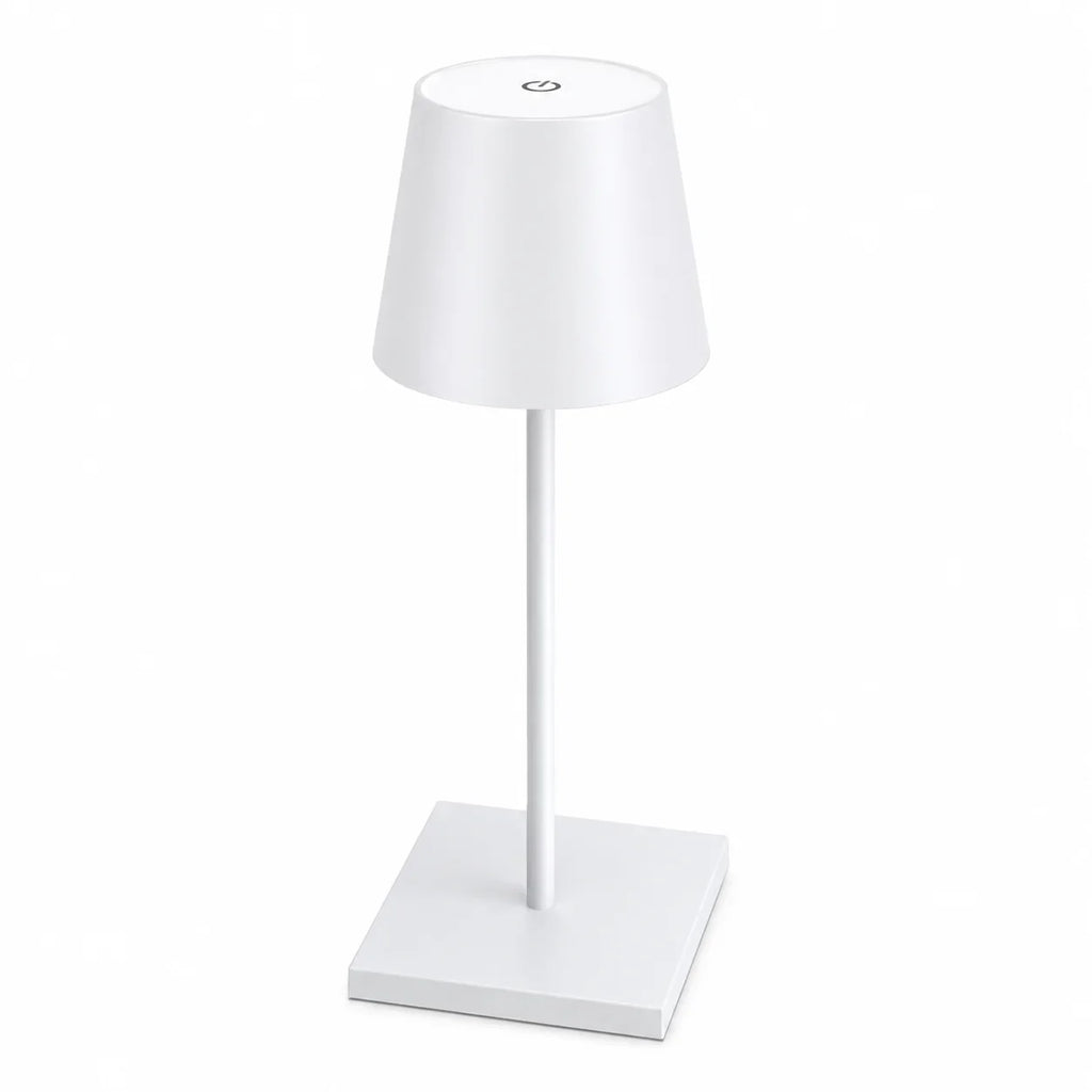 White modern table lamp with fabric shade and touch control, ideal for bedroom or living room lighting