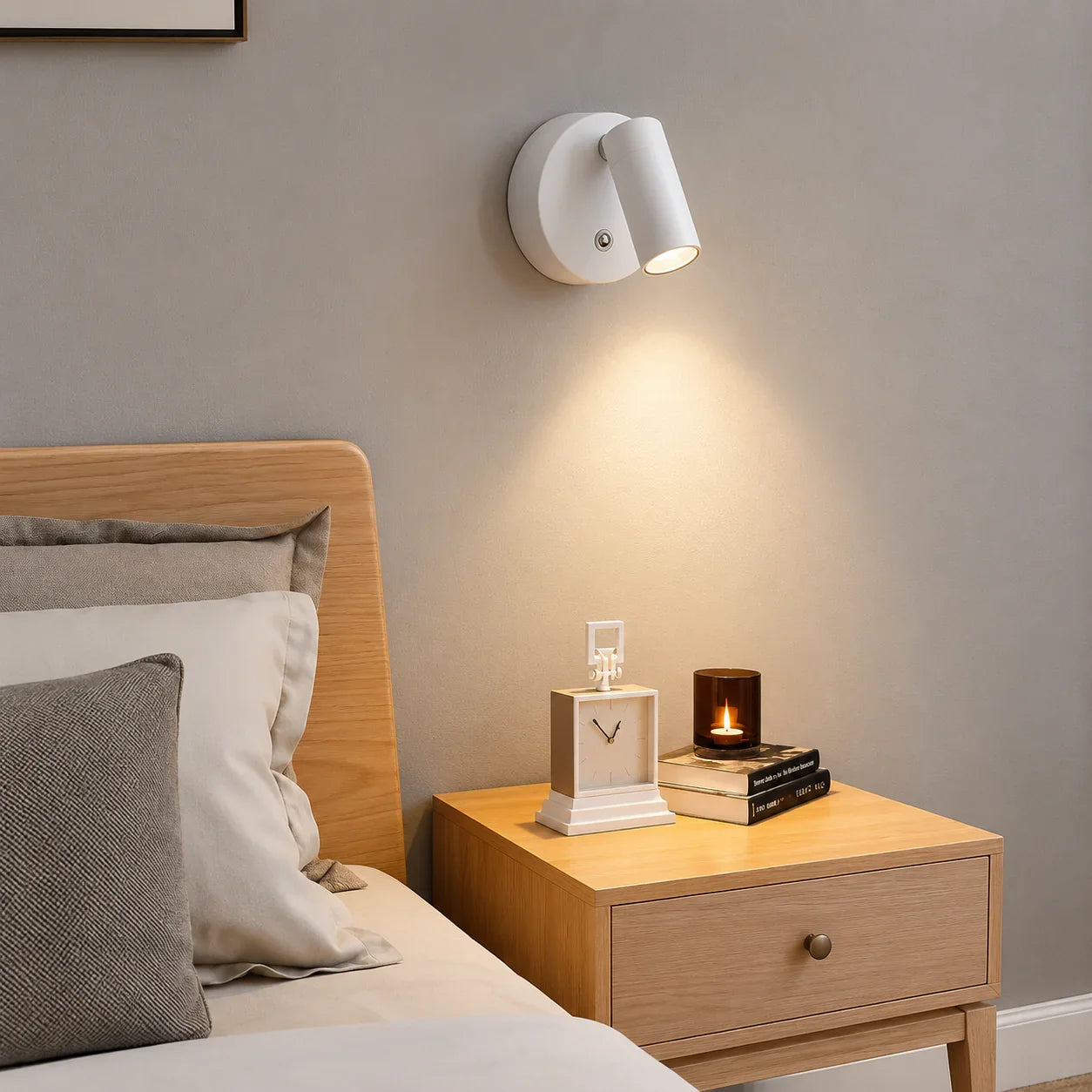 White modern wall sconce lighting bedside table in bedroom, warm glow for reading or ambiance