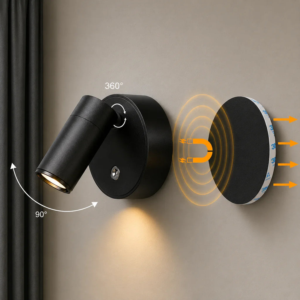 Black magnetic wall spotlight with 360° rotation and 90° tilt for modern home lighting