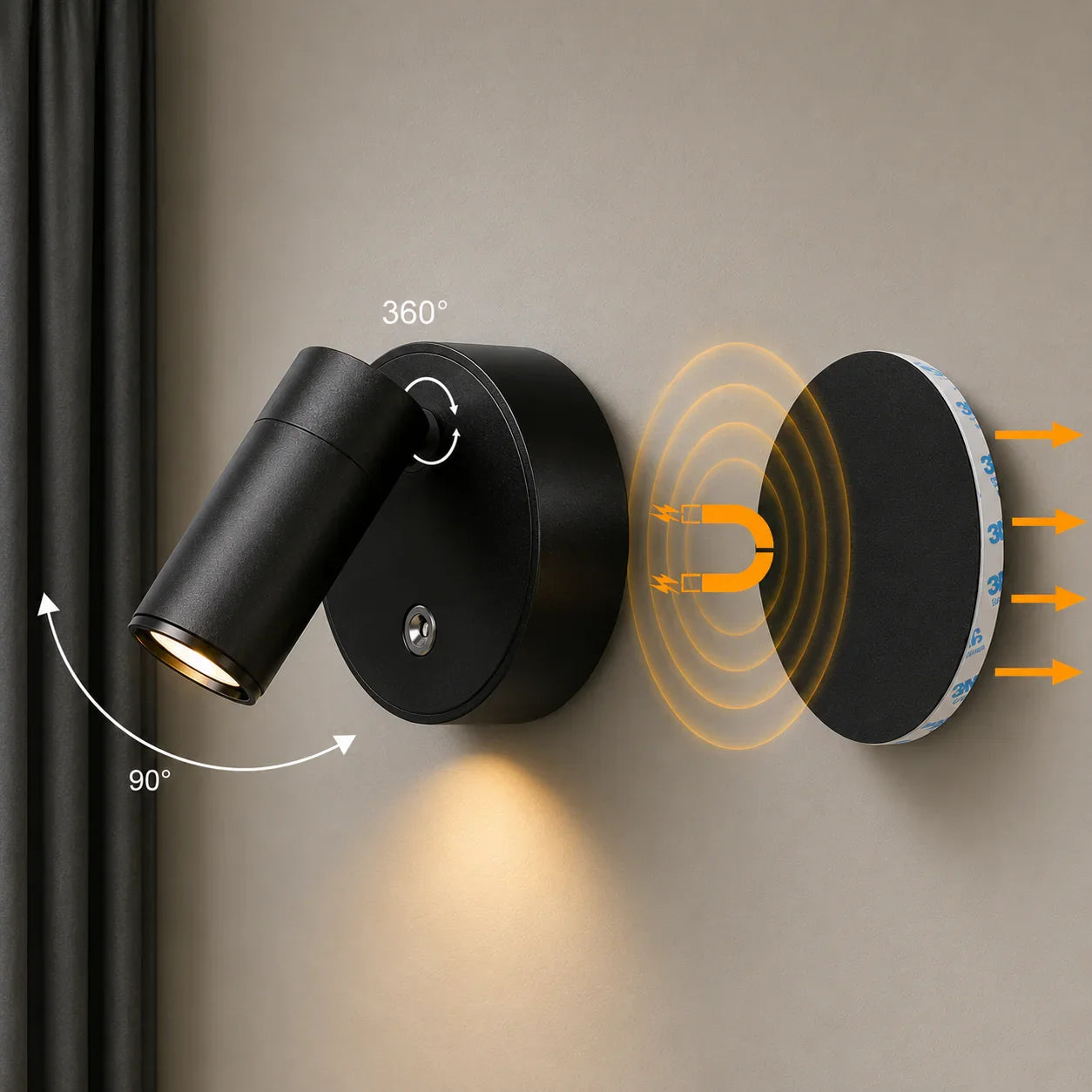 Black magnetic wall spotlight with 360° rotation and 90° tilt for modern home lighting