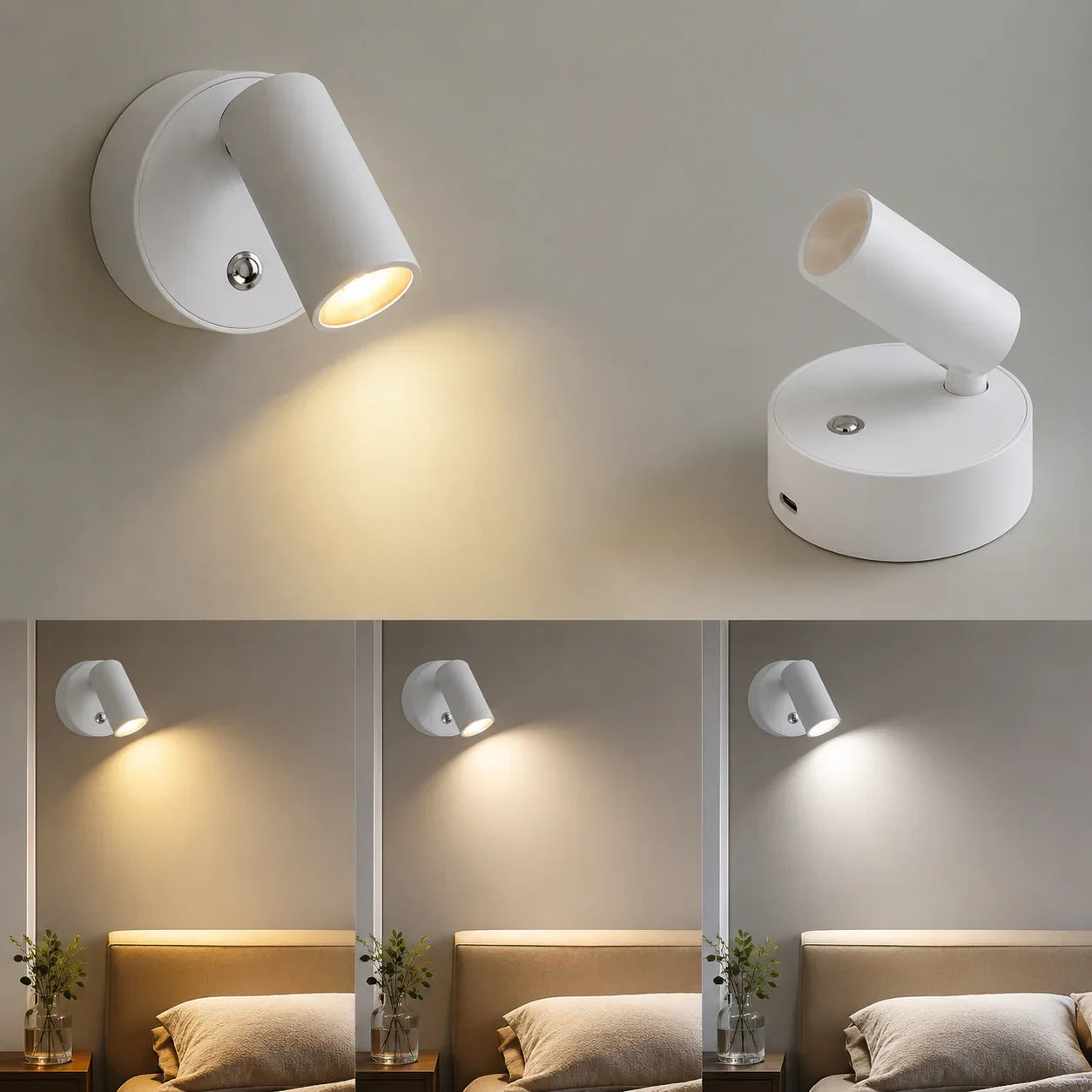 White cylindrical wall sconce with adjustable head, emitting warm light for bedroom or hallway ambiance