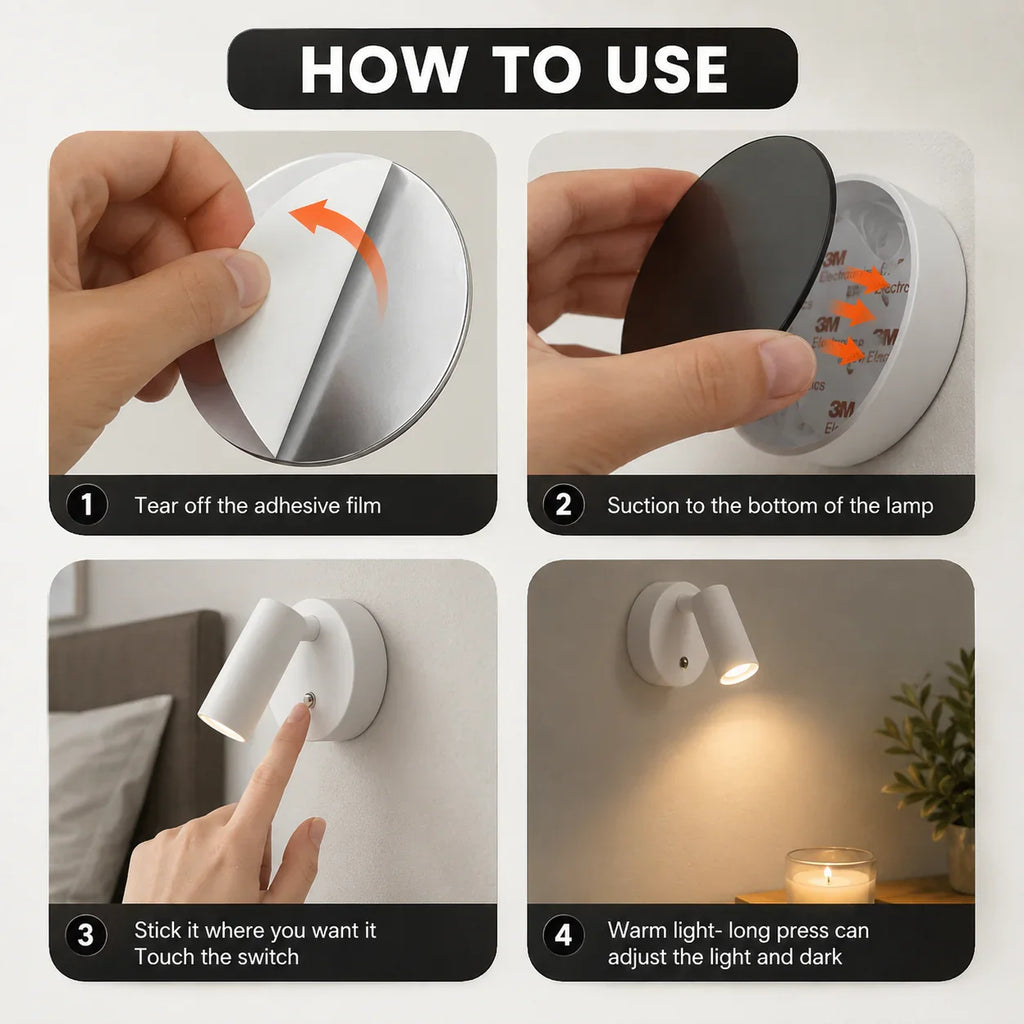 White touch-sensitive wall lamp with adhesive mount, adjustable warm light for bedroom or hallway