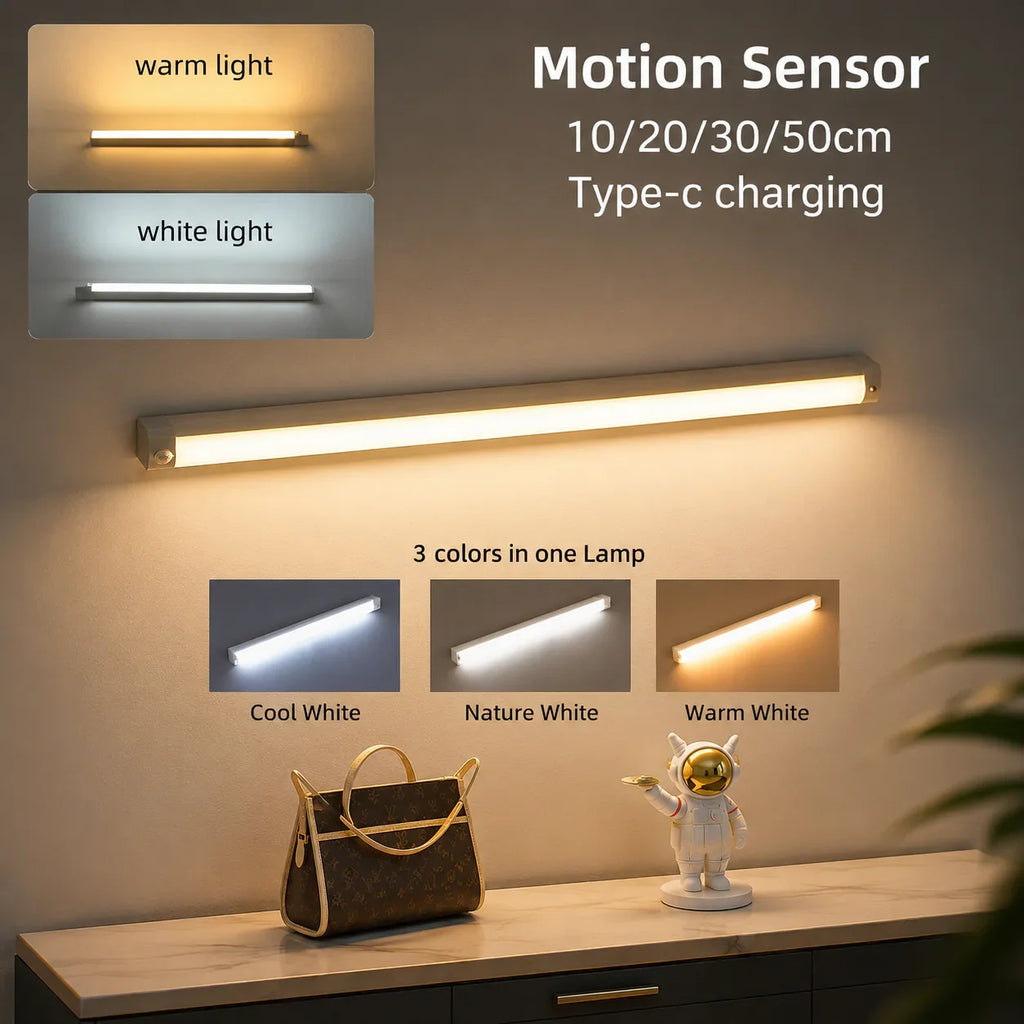 Motion sensor LED strip light with warm, cool, and nature white options, Type-C charging, mounted on wall