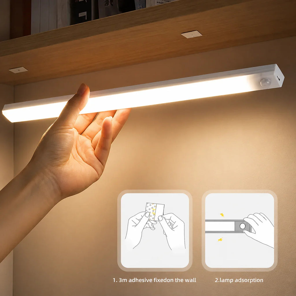 White LED under-cabinet light with motion sensor, adhesive installation for kitchen or bathroom