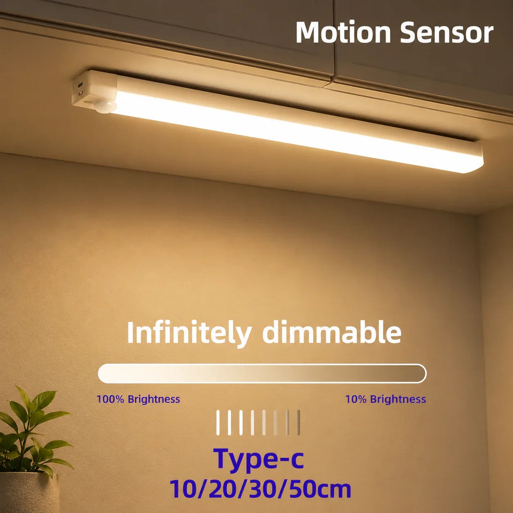 White motion sensor LED strip light under cabinet, infinitely dimmable with Type-C power, for kitchen or bedroom lighting