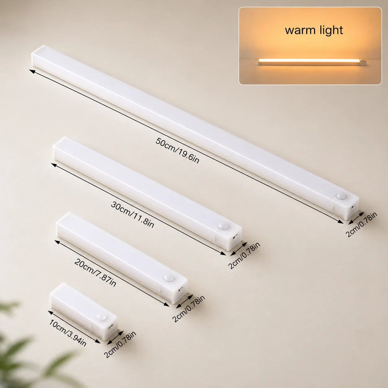 White LED strip lights in 10cm to 50cm sizes with warm light for home organization and ambiance