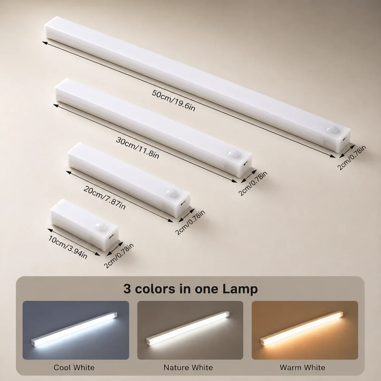 White LED strip lights with motion sensor, 3 color modes, various sizes for home lighting