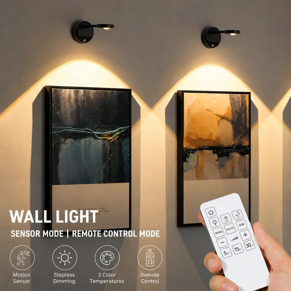 Black wall light with remote control, illuminating artwork with warm, adjustable lighting for modern home decor.