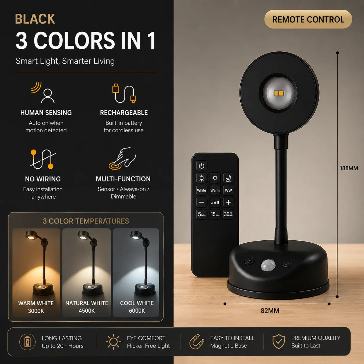 Black rechargeable smart LED lamp with motion sensor, remote control, and 3 color temperatures for home or office use
