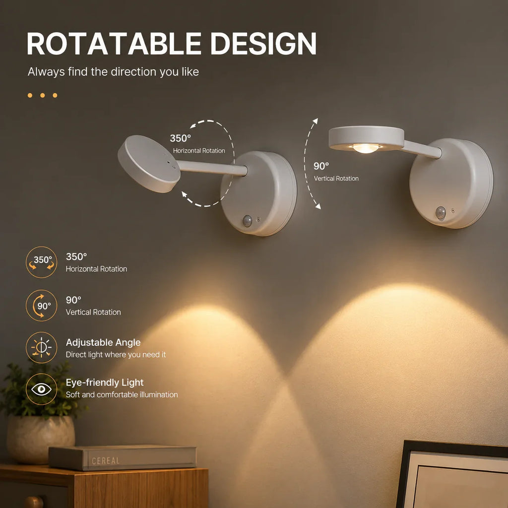White rotatable wall sconce with 350° horizontal and 90° vertical adjustment for focused, eye-friendly lighting in home spaces