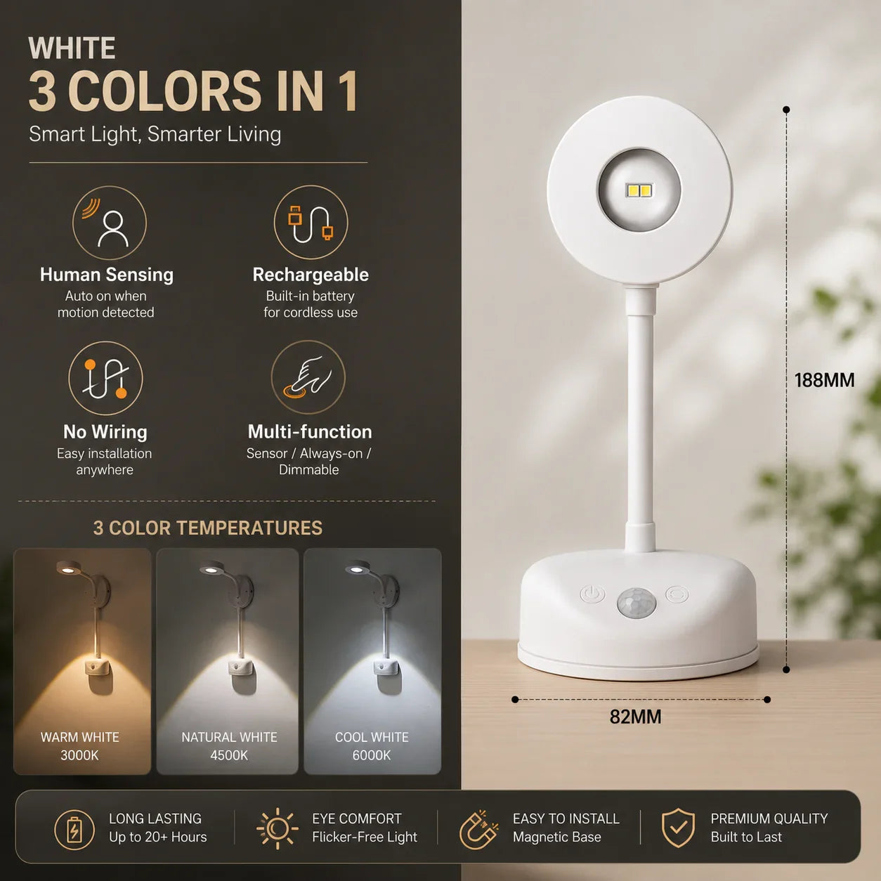White rechargeable motion sensor LED light with 3 color temperatures, magnetic base, dimmable for home use