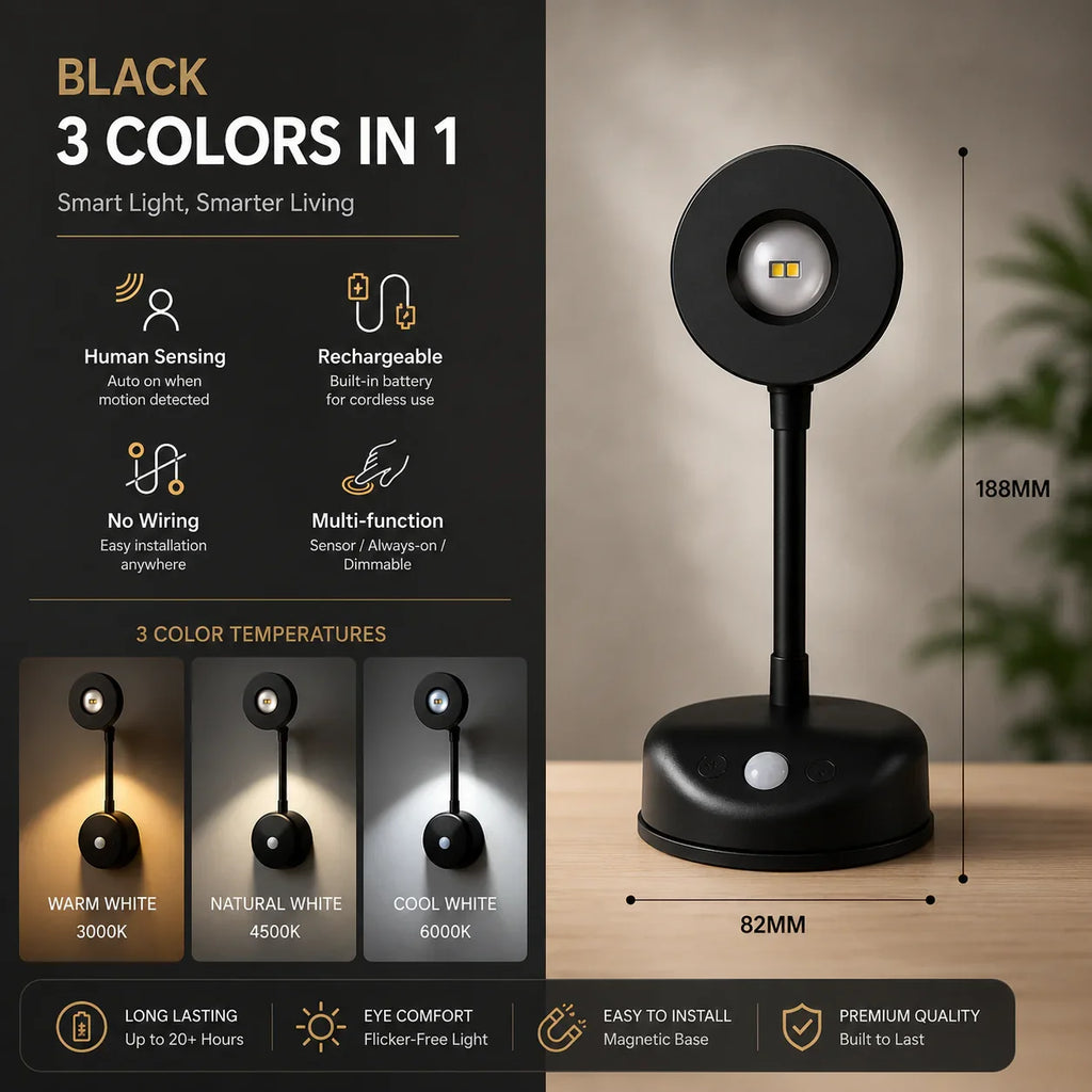 Black motion-sensing LED night light with rechargeable battery, dimmable, 3 color temperatures, magnetic base