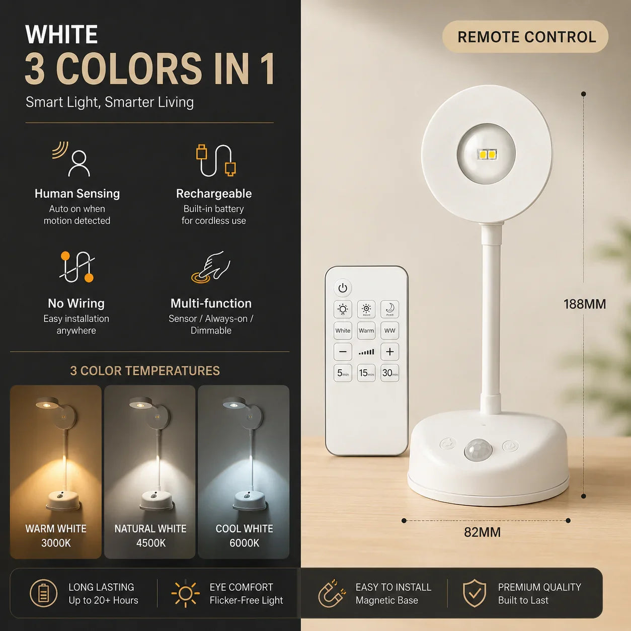White rechargeable LED night light with motion sensor, remote control, and 3 color temperatures for bedroom or bathroom use