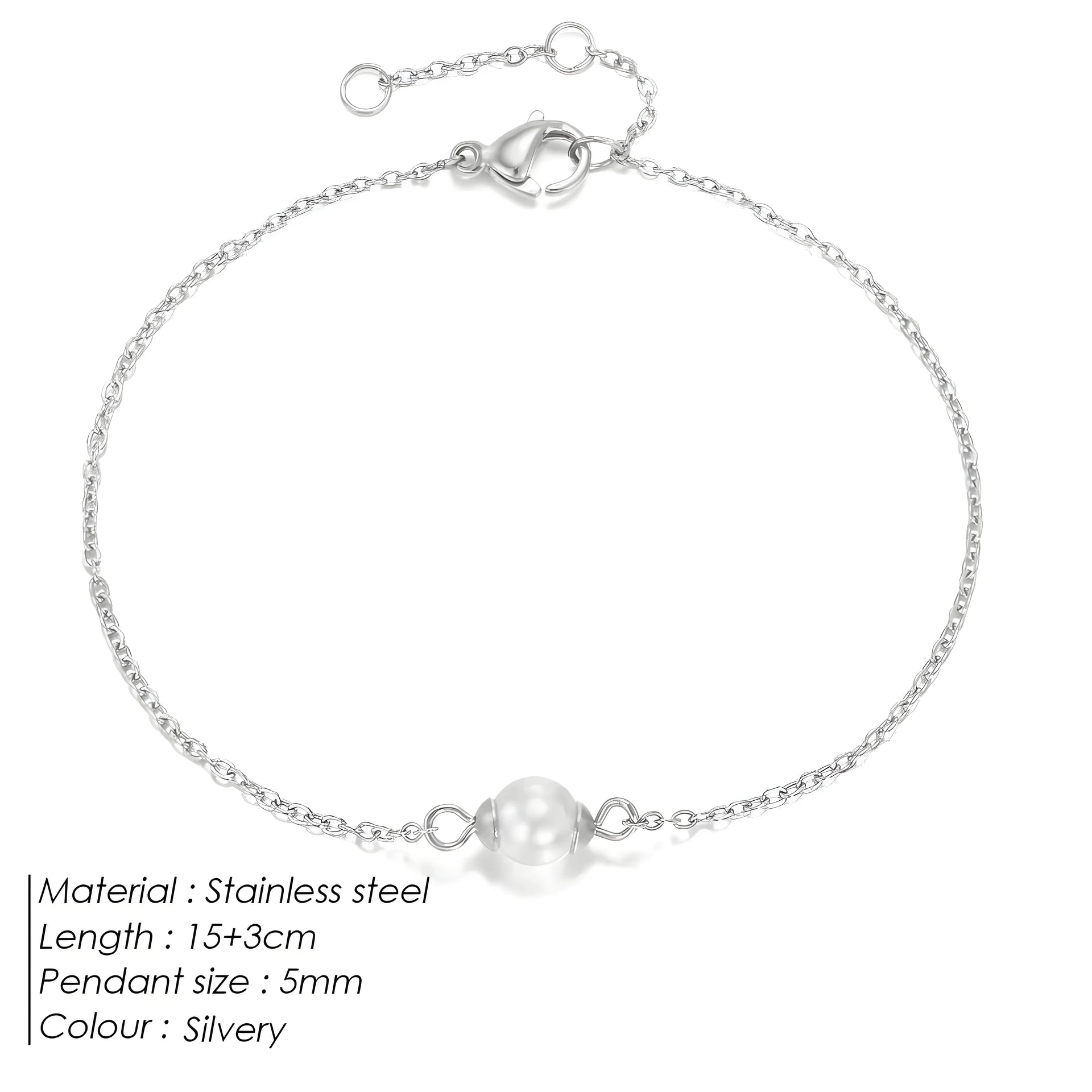 Silvery stainless steel bracelet with 5mm pearl pendant, minimal chain design for everyday wear