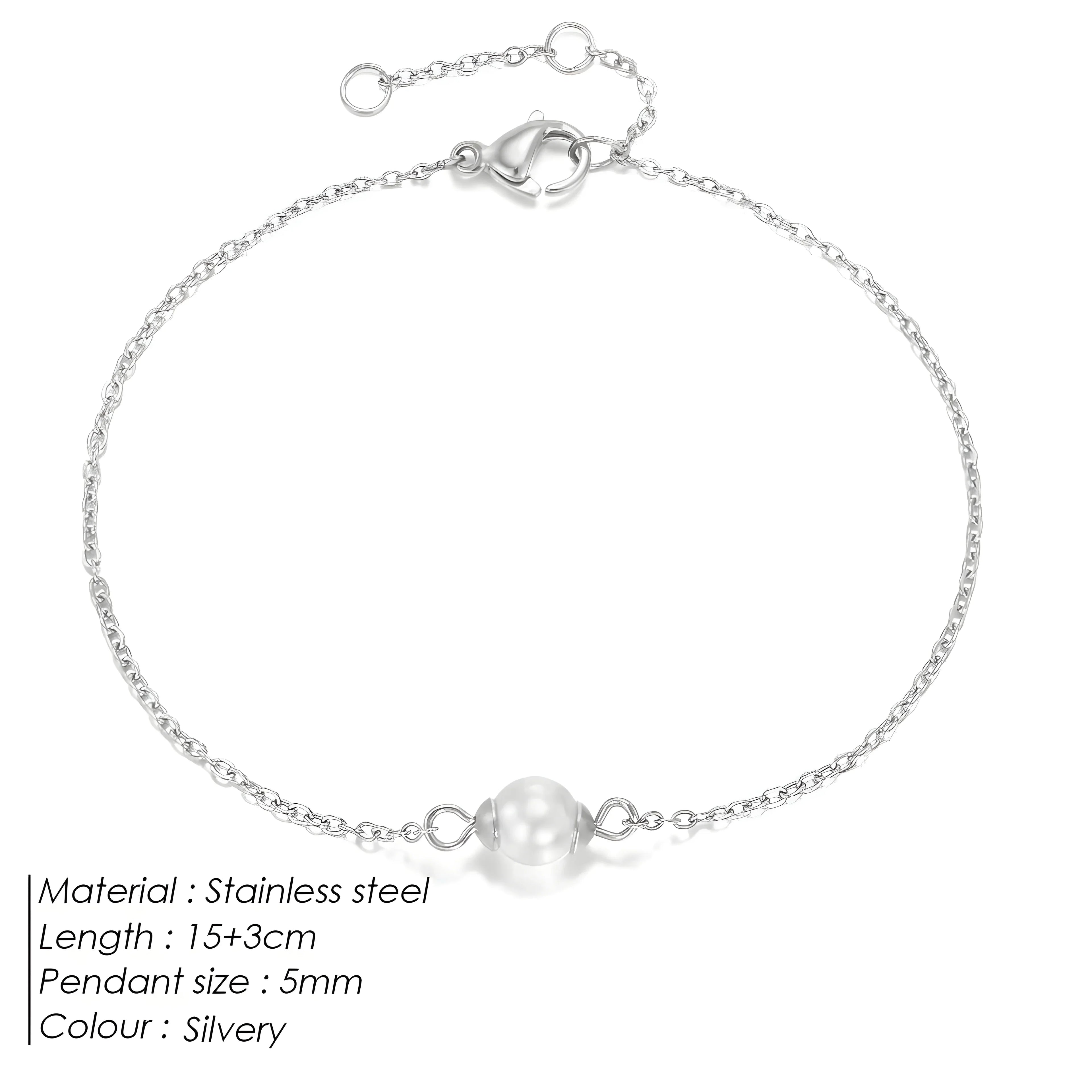 Silvery stainless steel bracelet with 5mm pearl pendant, minimal chain design for everyday wear