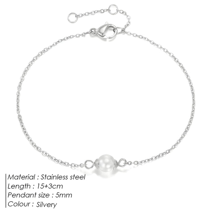 Silvery stainless steel bracelet with 5mm pearl pendant, minimal chain design for everyday wear