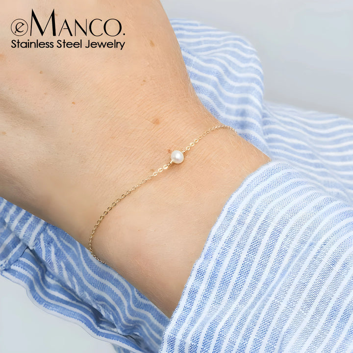 Gold chain bracelet with pearl, stainless steel, minimal style