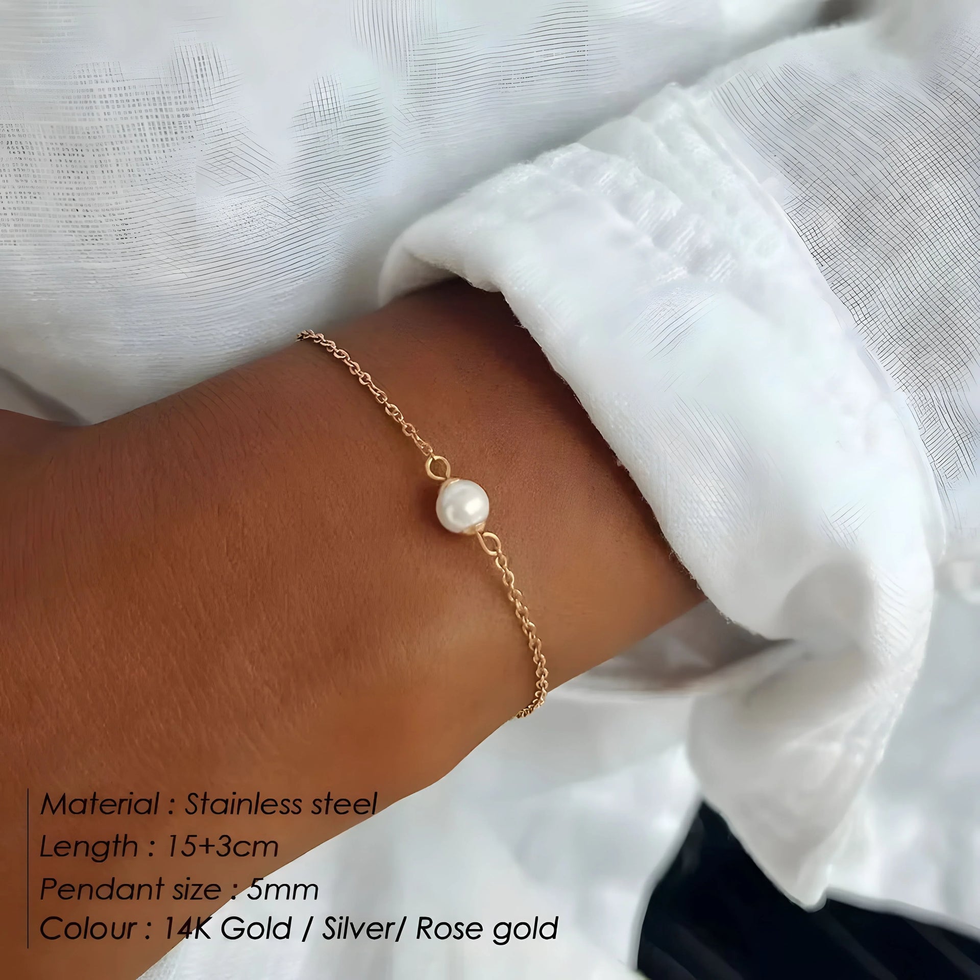 Minimalist pearl pendant bracelet in rose gold stainless steel, elegant everyday jewelry with 5mm pearl on delicate chain.