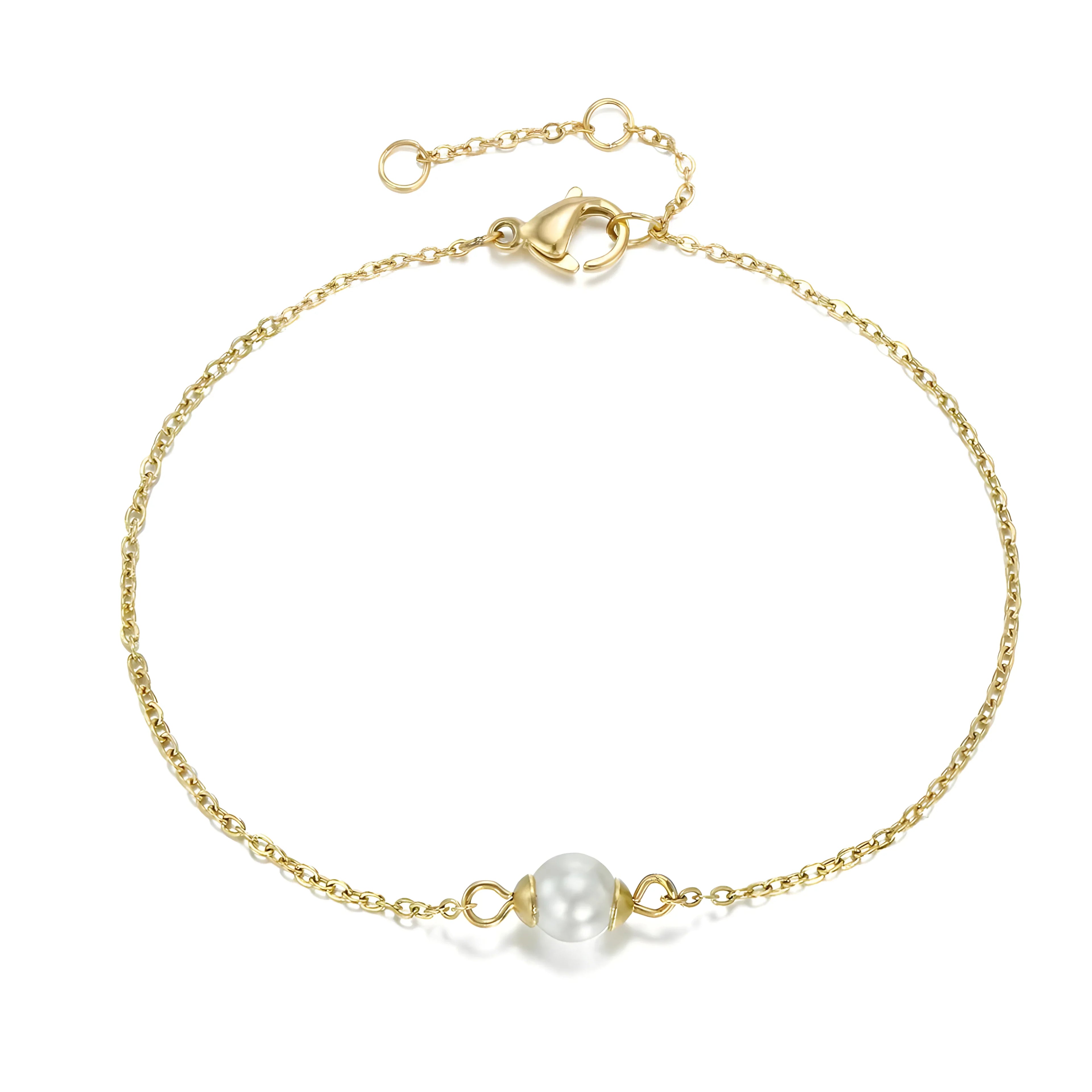 Gold chain bracelet with single pearl, minimalist design, yellow gold tone, elegant everyday jewelry