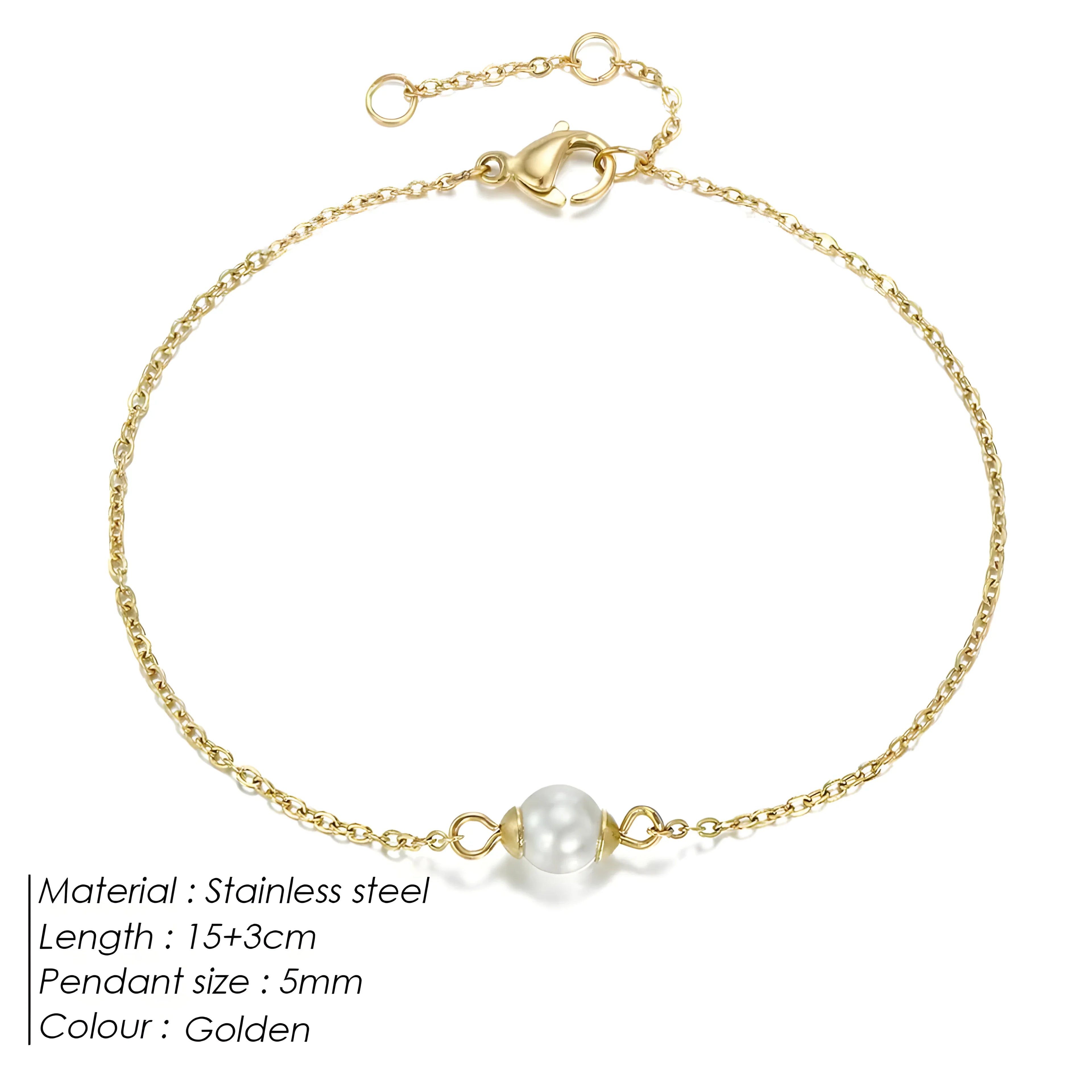 Golden stainless steel bracelet with single pearl pendant, minimalist design for everyday wear