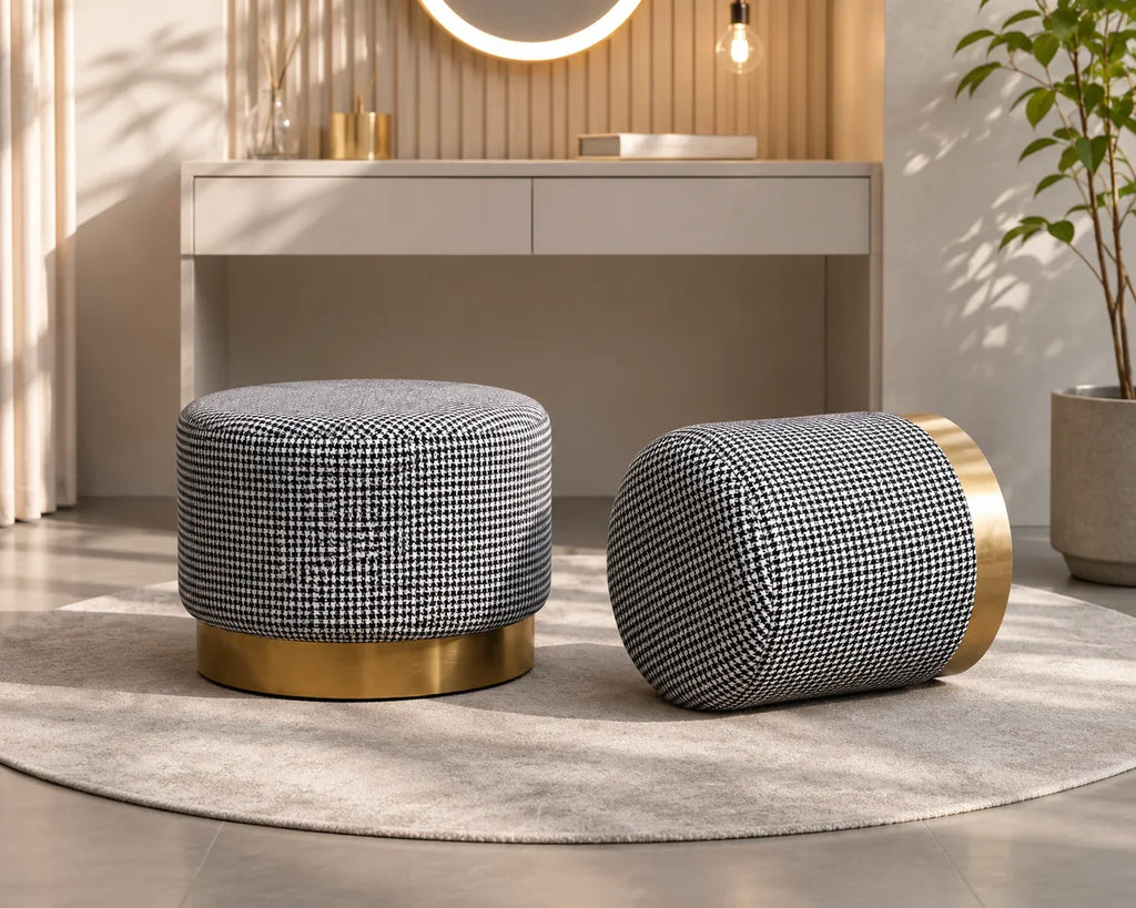 Black and white houndstooth ottoman with gold base, modern bedroom or vanity seating