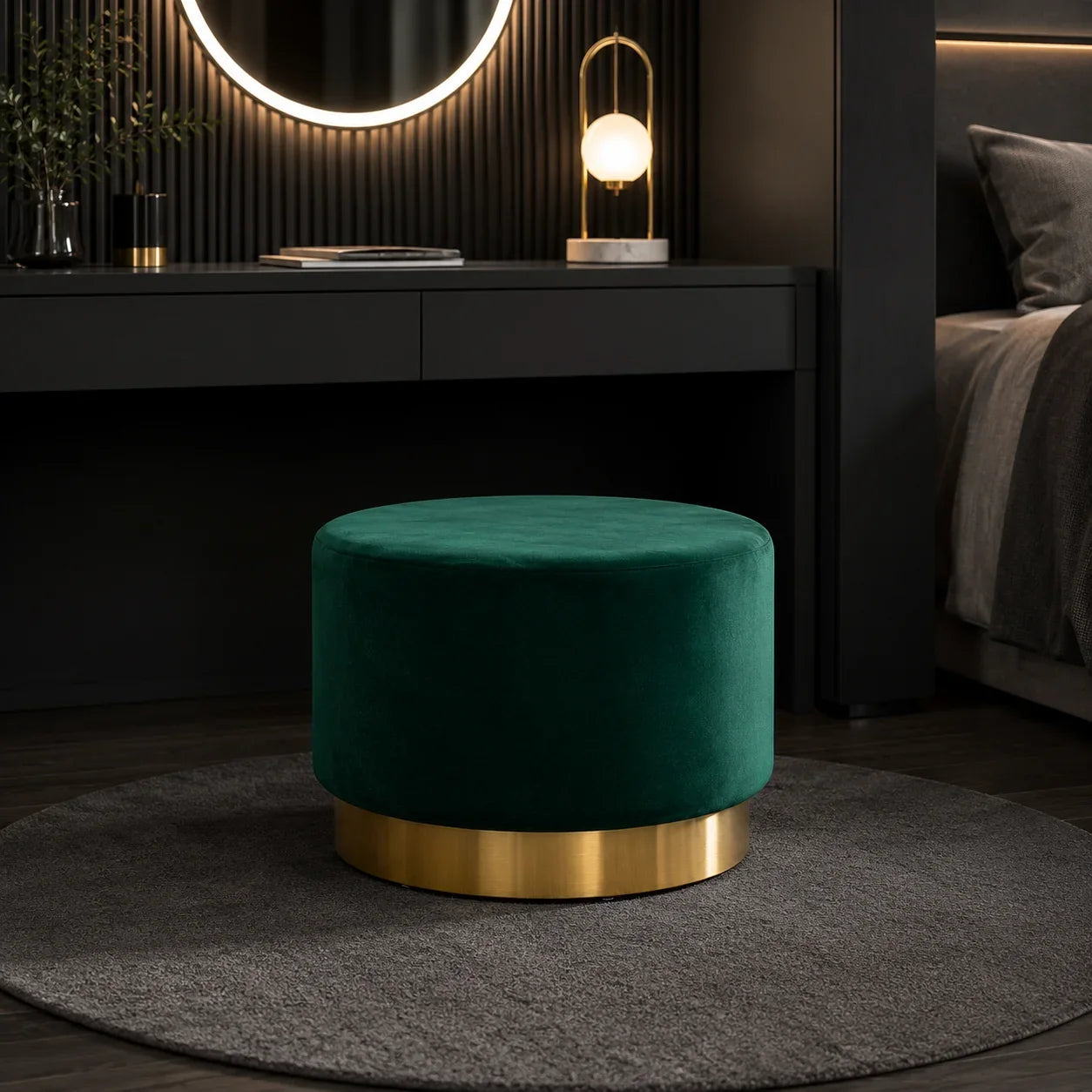 Emerald green velvet ottoman with gold base for modern bedroom or living space