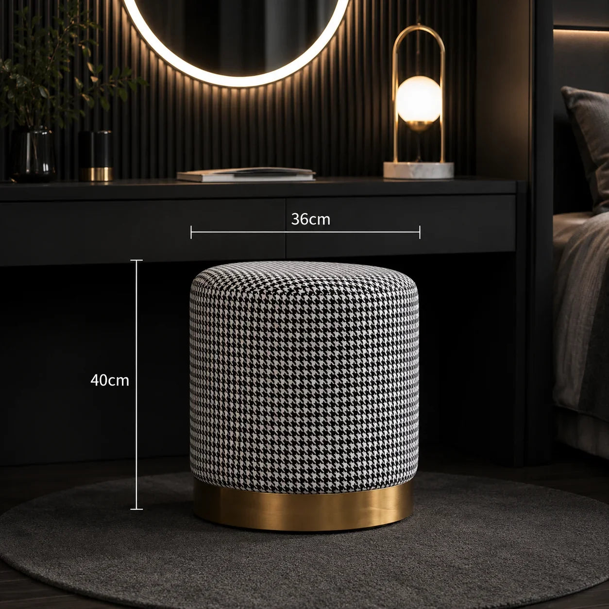 Black and white houndstooth ottoman with gold base, 40cm height, for modern bedroom or vanity use