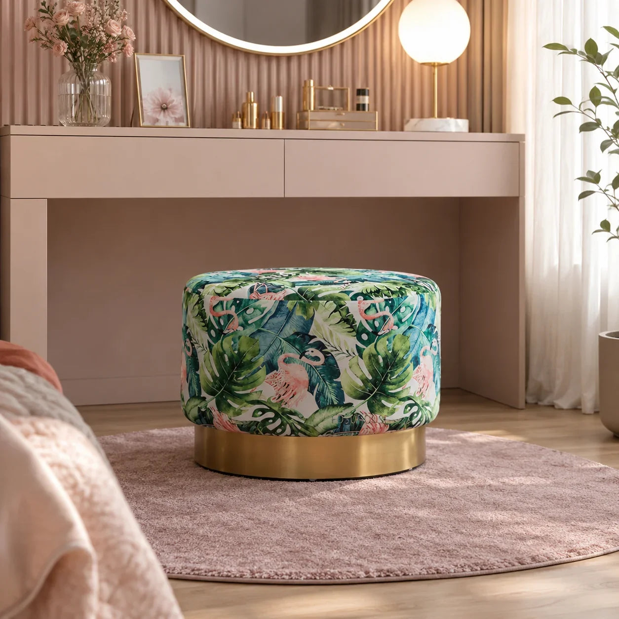 Tropical leaf and flamingo print ottoman with gold base for bedroom or vanity use