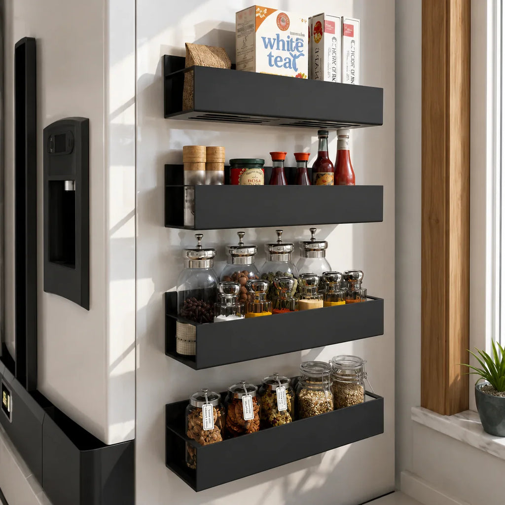 Black metal wall-mounted kitchen storage shelves holding spices, jars, and tea boxes for organized countertop space
