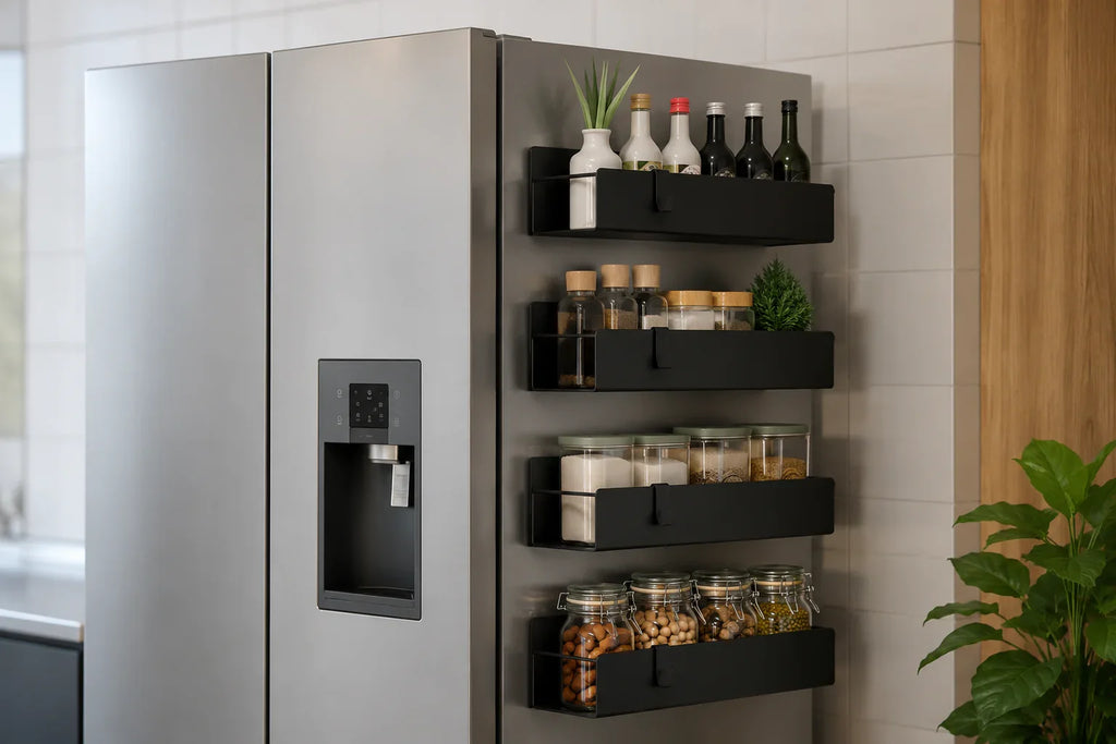Black magnetic fridge shelves holding spice jars and bottles, modern kitchen organization solution