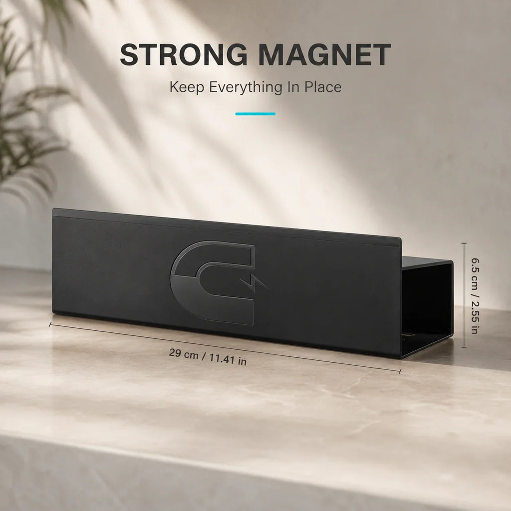 Black magnetic storage tray for kitchen or office organization, 29 cm long with strong magnet