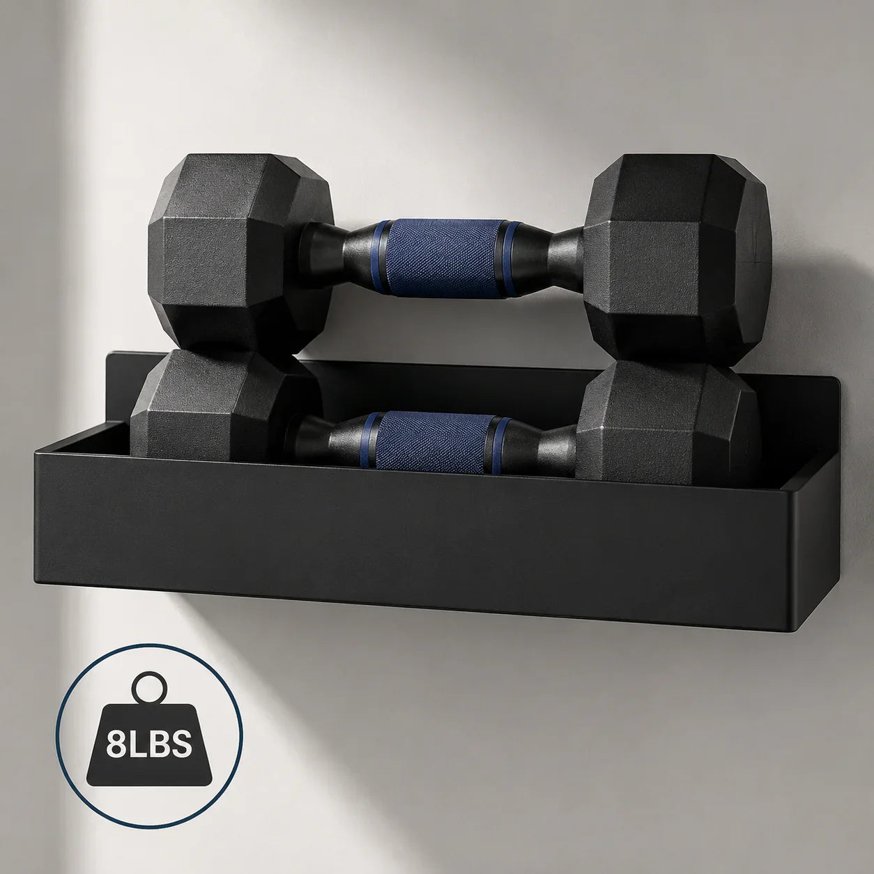 Black wall-mounted dumbbell rack holding two 8lb hex dumbbells with blue grip handles for home gym organization