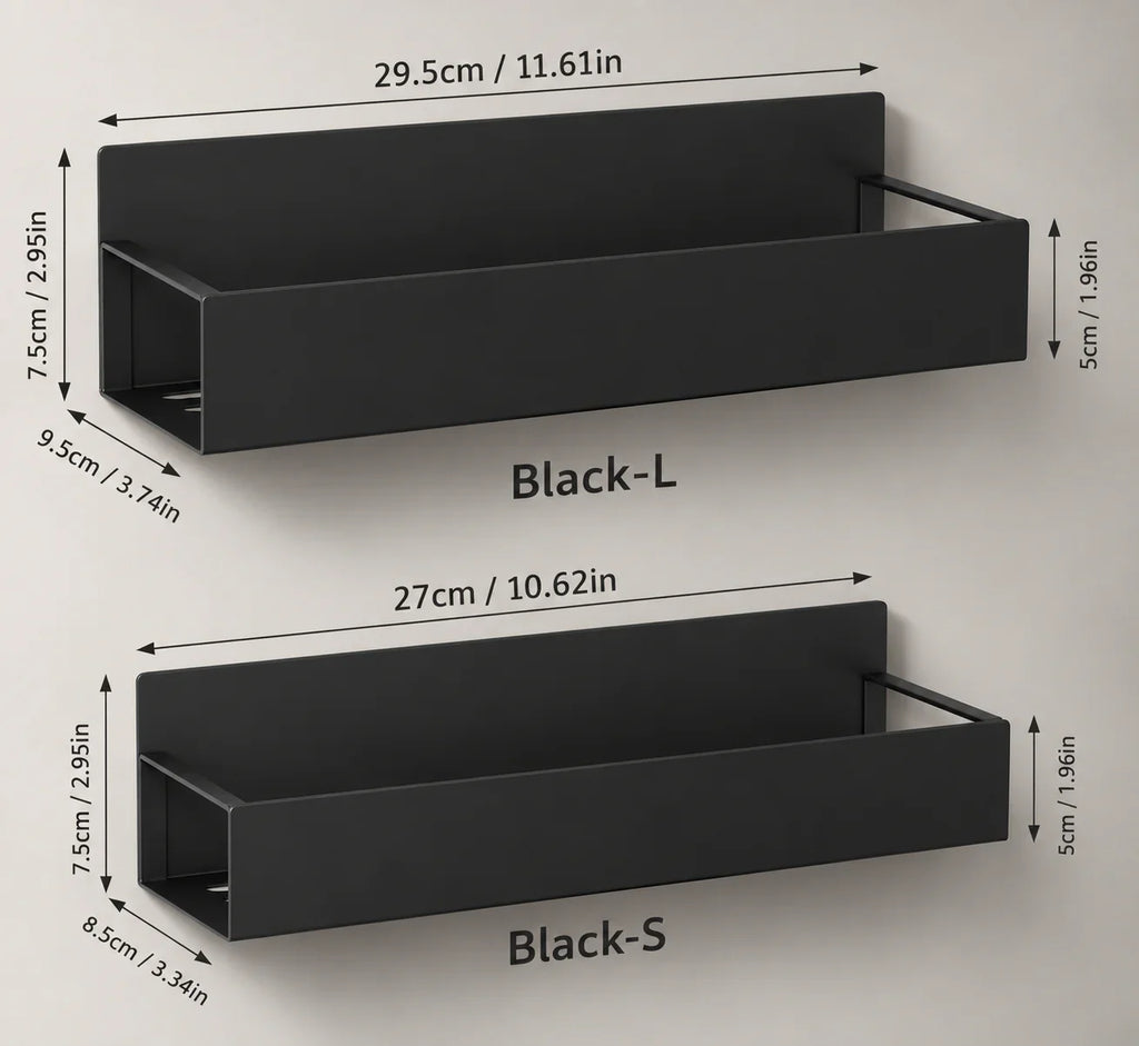 Black metal wall shelf in L and S sizes for bathroom or kitchen storage, sleek modern design