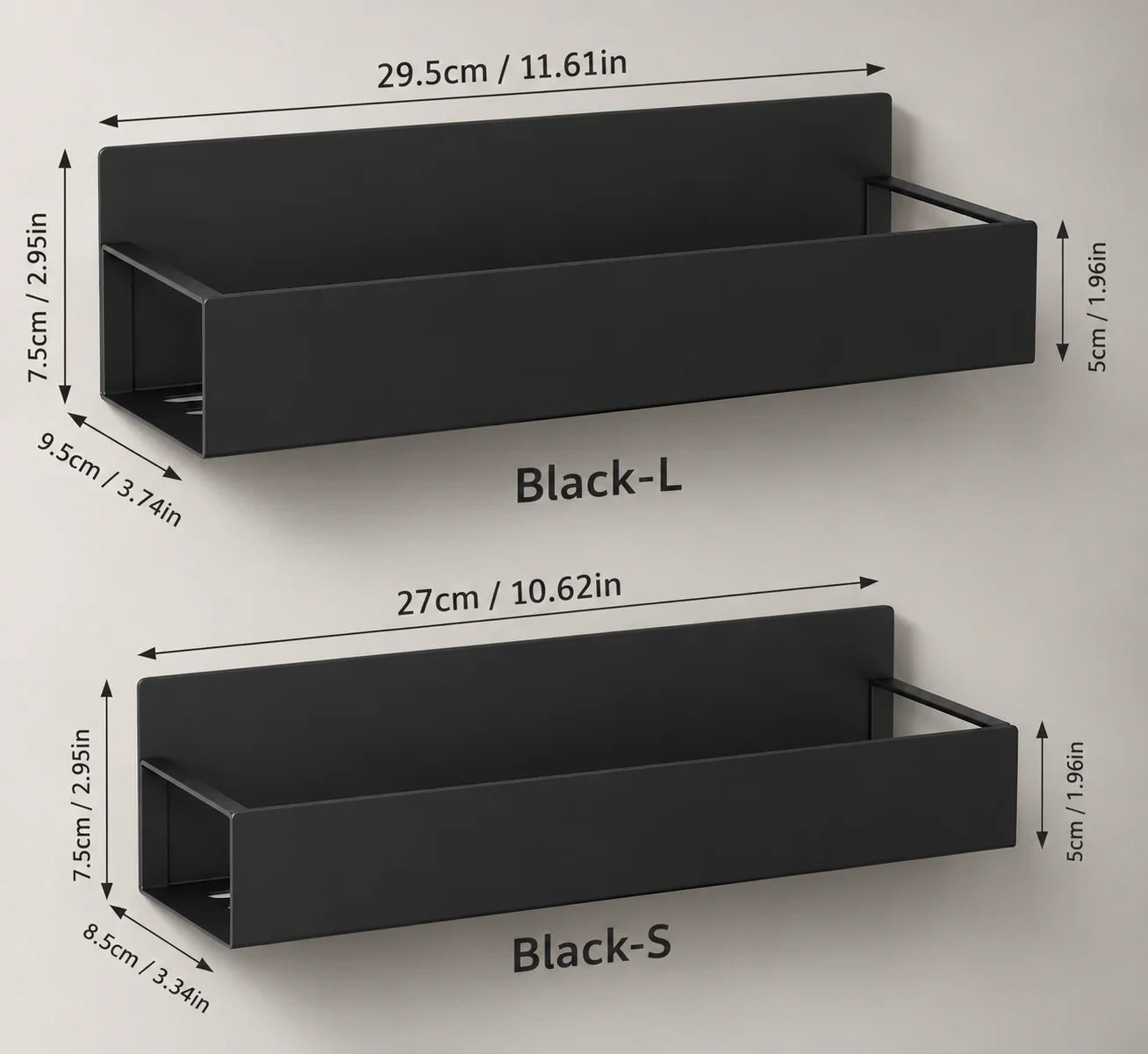 Black metal wall shelf in L and S sizes for bathroom or kitchen storage, sleek modern design