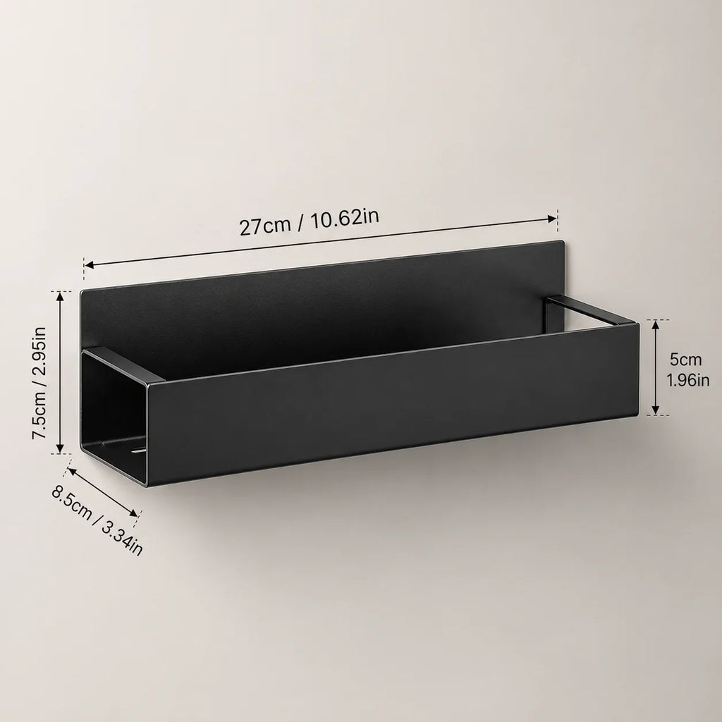Black metal wall shelf for bathroom or kitchen storage, sleek rectangular design with modern finish