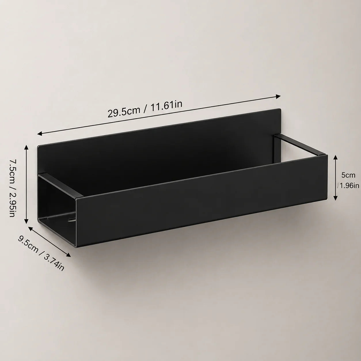 Black metal wall shelf for bathroom or kitchen storage, sleek rectangular design with modern finish