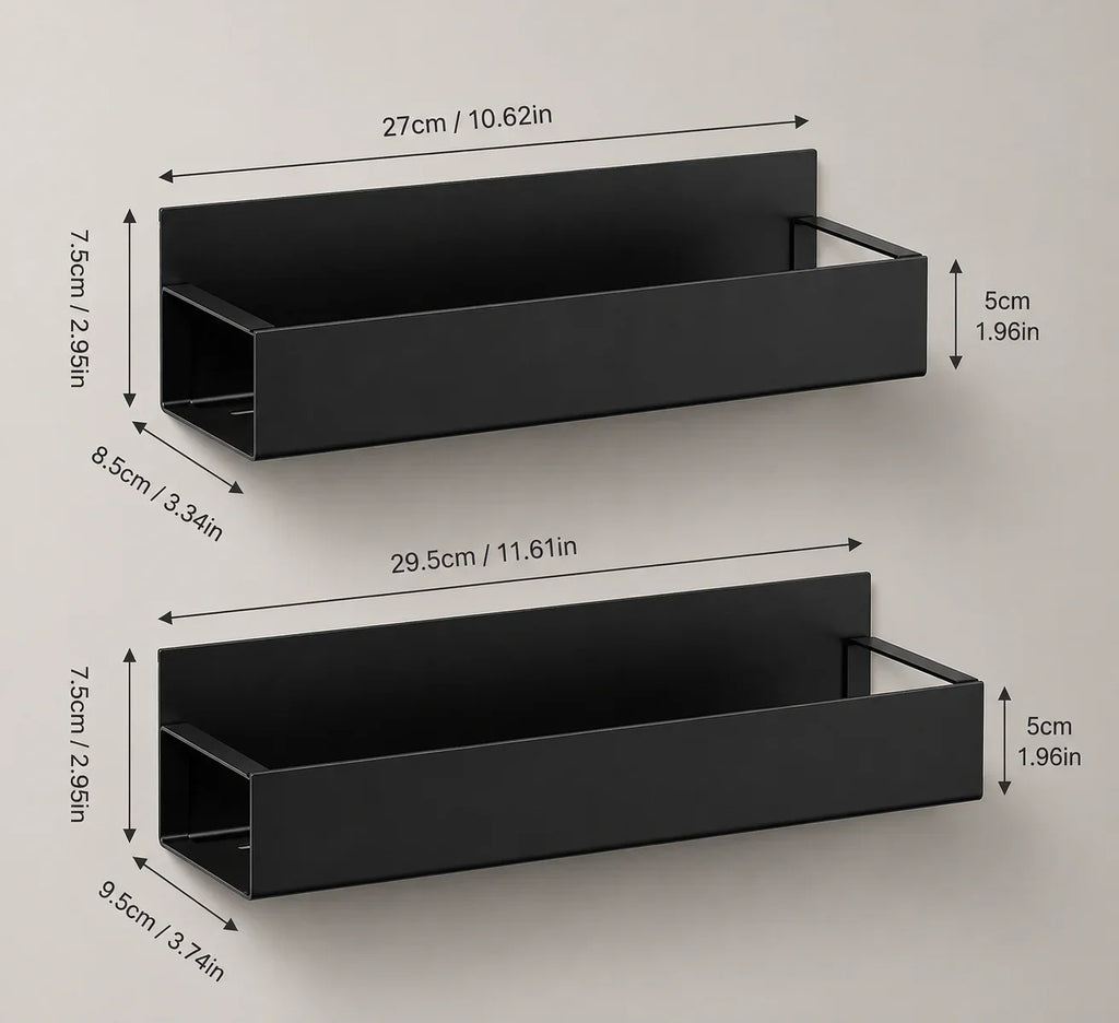 Black metal wall-mounted storage shelves for kitchen or bathroom organization