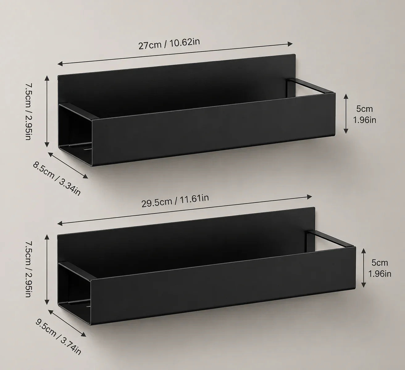 Black metal wall-mounted storage shelves for kitchen or bathroom organization