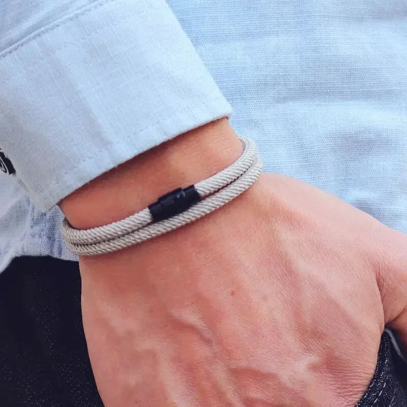 Minimalist rope bracelet, beige cord, black clasp, modern unisex jewelry, casual style