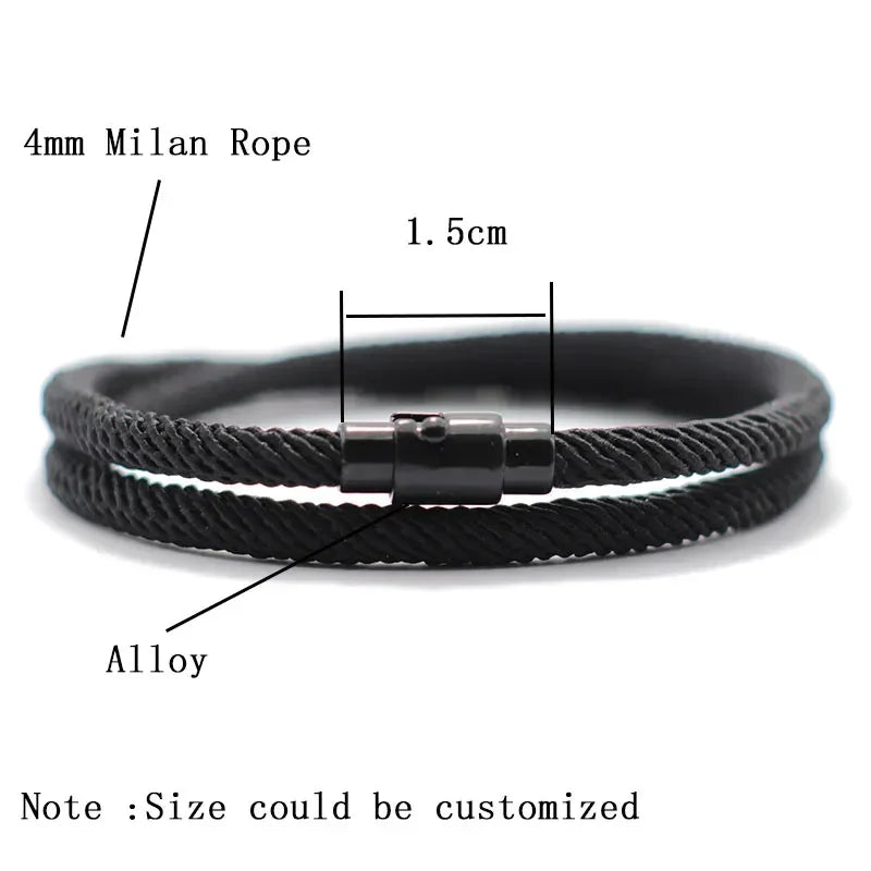 Minimalist black Milan rope bracelet, 4mm alloy clasp, modern unisex jewelry style.