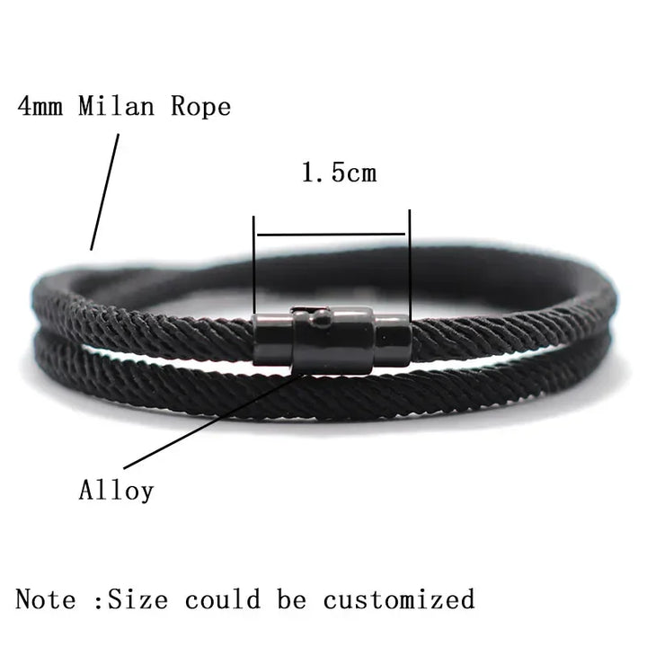 Minimalist black Milan rope bracelet, 4mm alloy clasp, modern unisex jewelry style.