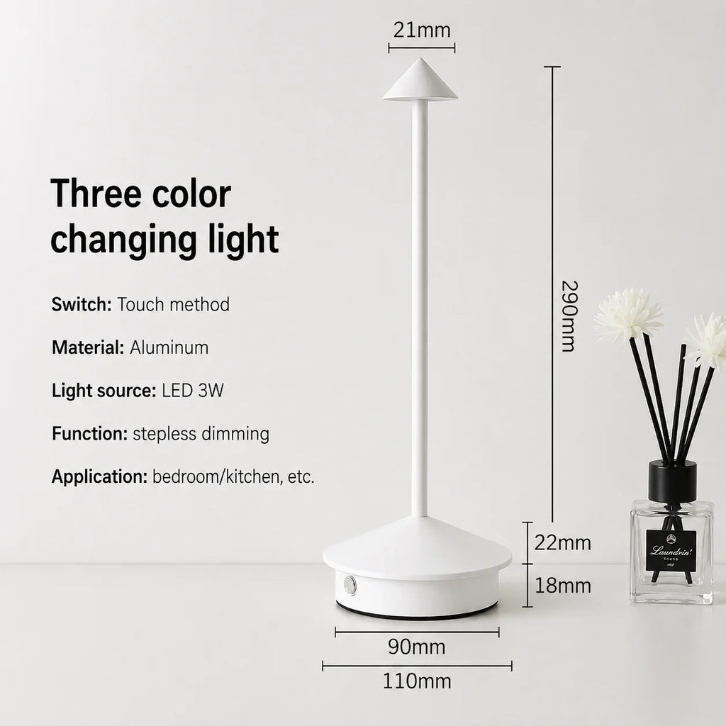 White aluminum LED table lamp with touch dimming for bedroom or kitchen use