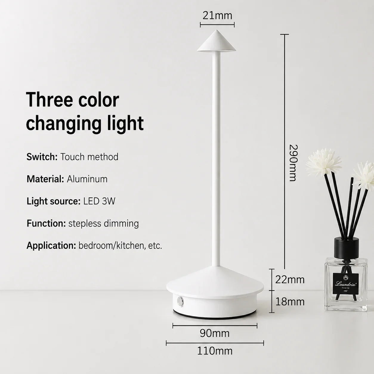 White aluminum LED table lamp with touch dimming for bedroom or kitchen use