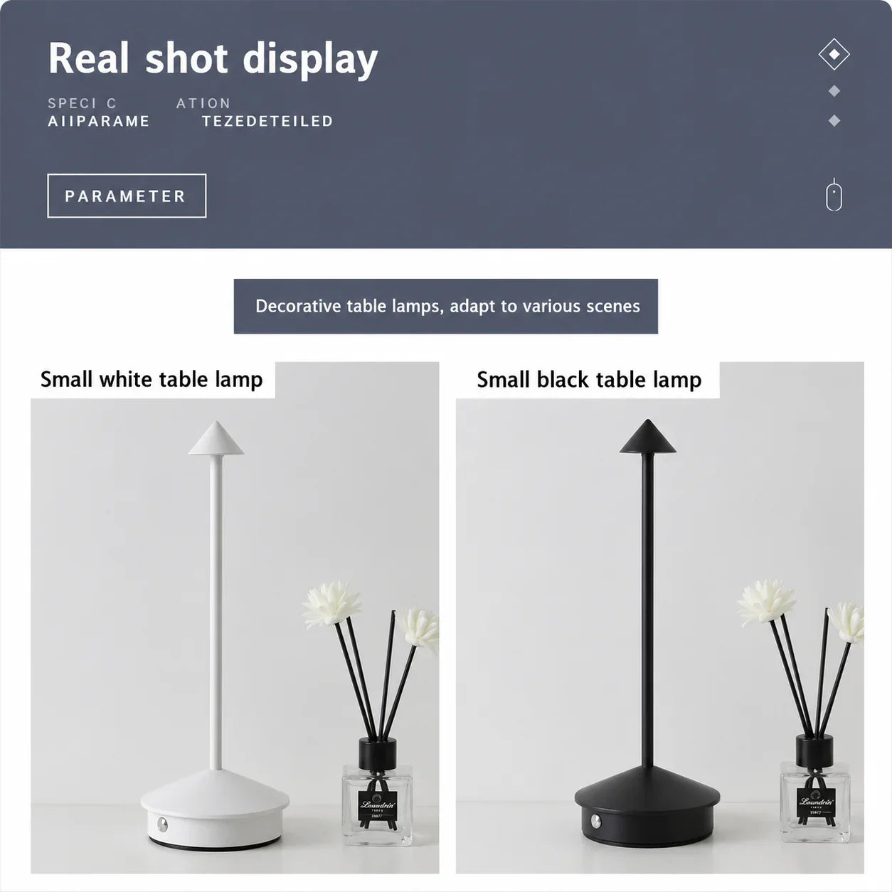 Small white and black table lamps with cone-shaped shades for modern home decor